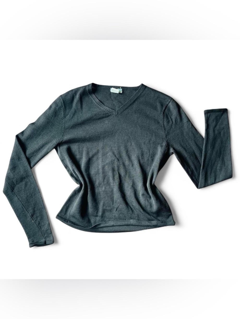 Vintage 90s Merino Wool V-Neck Sweater – Minimalist Grey Brown Knit (S/M)